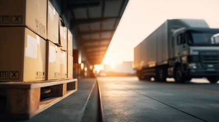 Cardboard boxes on pallets at a warehouse loading dock with a truck arriving in the background during sunrise.

