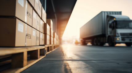 Obraz premium Cardboard boxes on pallets at a warehouse loading dock with a truck arriving in the background during sunrise. 