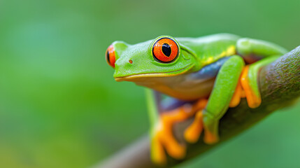 Close-up of a vibrant red-eyed tree frog perched on a green branch against a blurred jungle background.
