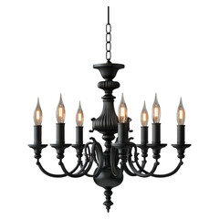 Elegant Black Chandelier with Candle-Style Lights on Transparent Background