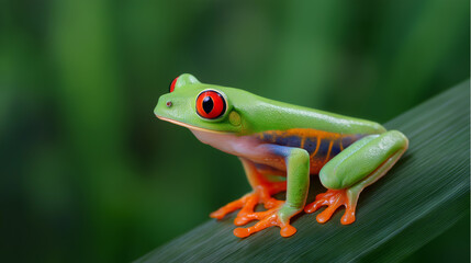 Close-up of a vibrant red-eyed tree frog perched on a green branch against a blurred jungle background.
