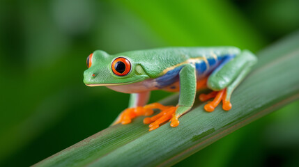 Fototapeta premium Close-up of a vibrant red-eyed tree frog perched on a green branch against a blurred jungle background. 