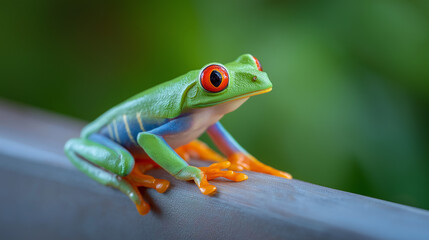 Obraz premium Close-up of a vibrant red-eyed tree frog perched on a green branch against a blurred jungle background. 