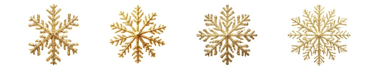 set of detailed golden snowflakes against a plain background.