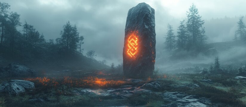 Mystical Rune Stone in Foggy Forest