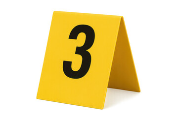 Yellow crime scene marker with number three on transparent background, useful for crime, investigation, or evidence concepts