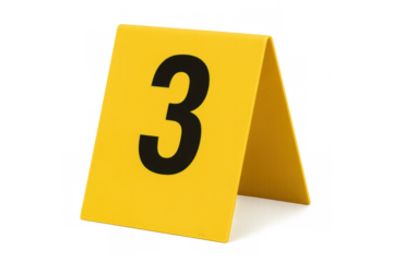 Yellow crime scene marker with number three on transparent background, useful for crime, investigation, or evidence concepts