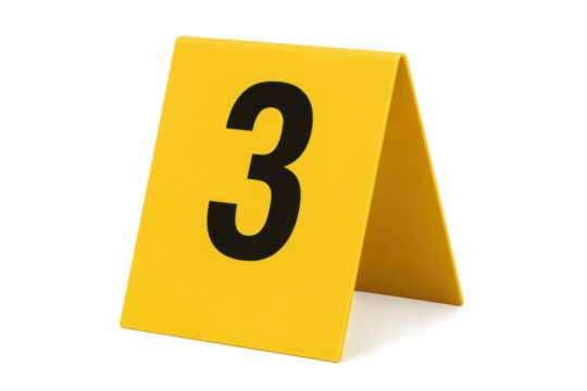 Yellow crime scene marker with number three on transparent background, useful for crime, investigation, or evidence concepts