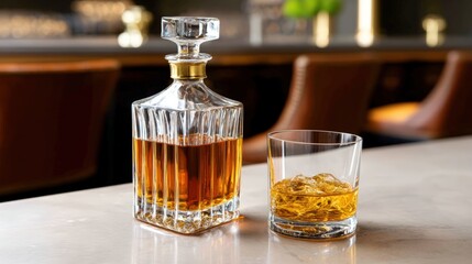 A crystal whiskey decanter and glass in a high-end hotel bar, moody lighting, sophisticated tone