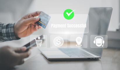 Successful AI-Powered Payment Confirmation with Credit Card. Fintech, Secure Digital Banking, Financial Technology System, Online Shopping, E-commerce Transactions, Cybersecurity Network