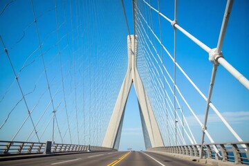 Fototapeta premium Modern cable-stayed bridge stretching across a highway.