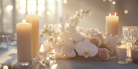 Romantic Candlelit Dinner Table with White Orchids and Elegant Decor