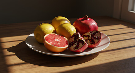 Juicy Lemons Grapefruit and Pomegranate Slices on a Plate in Sunlight