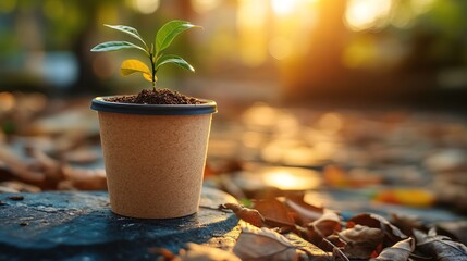 A biodegradable coffee cup with a built-in seed, symbolizing eco-friendly product design