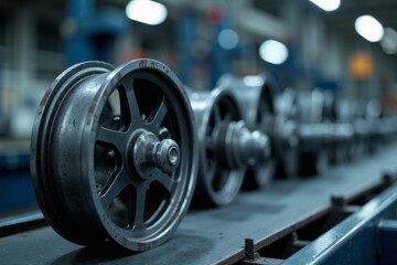 Metal wheels on a conveyor belt in a factory.