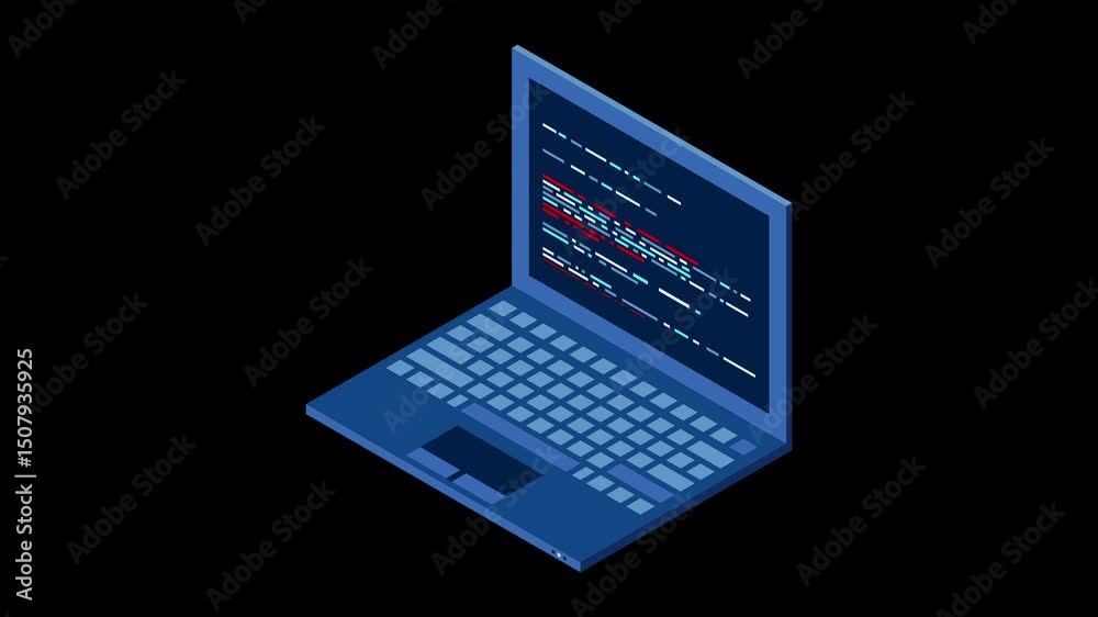 Poster Isometric laptop animation. 3d isometric laptop computer. Abstract programming language and program code on a laptop screen. Transparent background with alpha channel