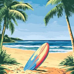 Colorful beach scene with surfboard.