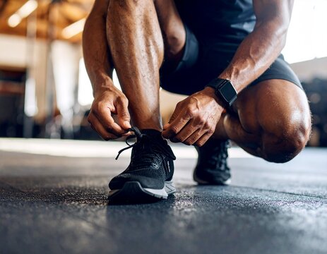 A runner kneels with one knee on the gym floor, head down in focus as he ties the knot on his running shoe—leg muscles taut, ready to launch into motion.