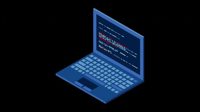 Isometric laptop animation. 3d isometric laptop computer. Abstract programming language and program code on a laptop screen. Transparent background with alpha channel