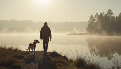 Old man walking with dog by misty lake in early morning light  