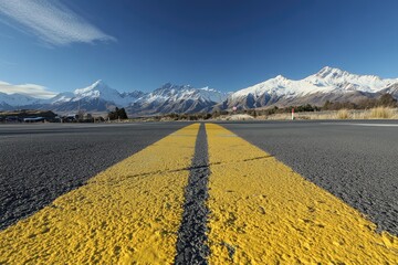 Highway leading to snow-capped mountains