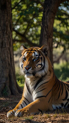 Fototapeta premium A majestic Bengal tiger rests peacefully in the shade of a tree in a sunlit forest, its amber eyes calm and watchful, surrounded by lush green foliage.