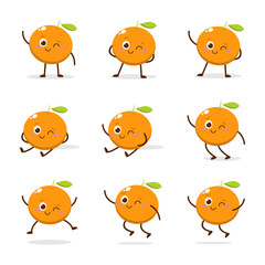 Cute Smiling Orange Character. Kawaii Orange Fruit Mascot Style Vector. Cute vector character set in various action emotions. Collection symbols isolated on a white background