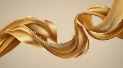 A flowing, golden, abstract ribbon swirls elegantly against a muted beige background, exhibiting a smooth, lustrous texture and subtle highlights