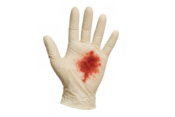 Latex glove with blood stains isolated on transparent background, ideal for medical and crime scene concepts