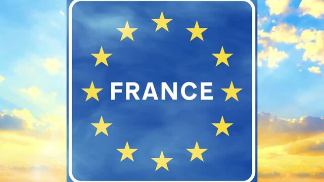 Sunny sky and France sign at the French border