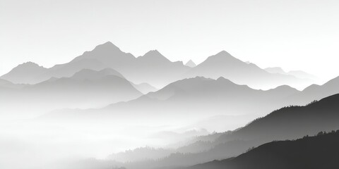 Obraz premium Monochromatic mountain range shrouded in mist, showing a grayscale gradient from light to dark, creating a serene and peaceful atmosphere