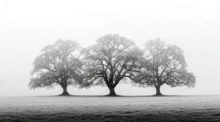 Naklejka premium Three leafless trees stand in a misty, monochrome field, their branches stark against the fog-shrouded sky, creating a serene and somewhat mysterious atmosphere
