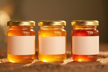 Three small jars of honey with blank labels.