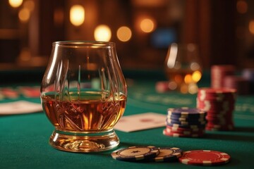 Amber liquor glass on a green casino table.