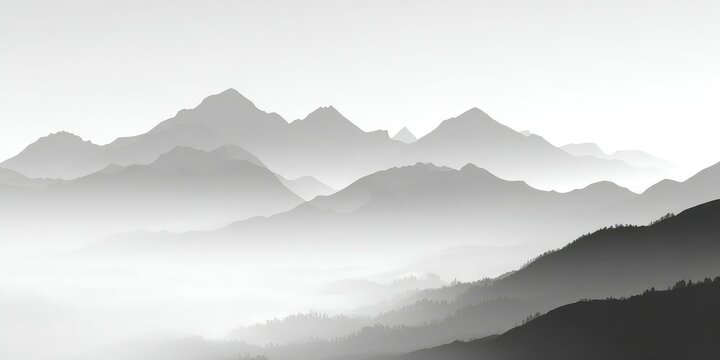 Monochromatic mountain range shrouded in mist, showing a grayscale gradient from light to dark, creating a serene and peaceful atmosphere