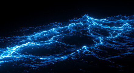 Abstract Blue Ocean Waves with Electric Energy Glowing at Night