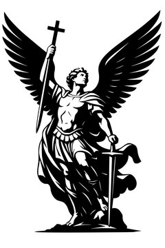 A vector illustration of Saint Michael the Archangel, depicted with wings, sword, and cross. 