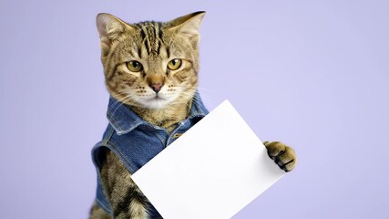 Domestic Cat in Blue Denim Jacket Holding Blank White Sign with Light Purple Background Eye Level Shot