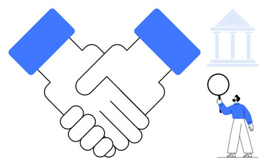 Large handshake with blue accents signifying collaboration and agreement. Includes a figure holding a magnifying glass near a government building outline. Ideal for business, justice, trust