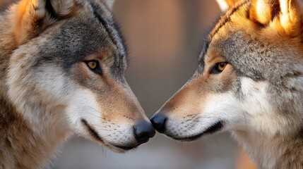 Fototapeta premium Two wolves touching noses in an emotional animal portrait