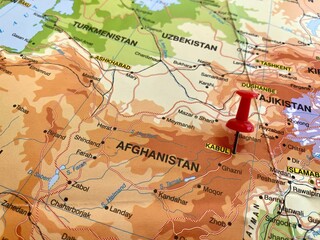 Naklejka premium View of Kabul, Capital and the largest city of Afghanistan on a geographical map of Asia, marked with red pushpin