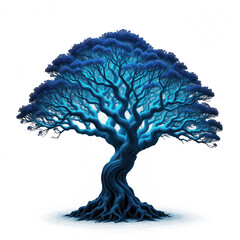 A bioluminescent tree resembling a giant coral, glowing with various shades of blue and green, full structure, plain png transparent background