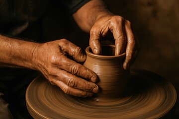 Hands shaping clay on a spinning wheel to create a pottery vessel