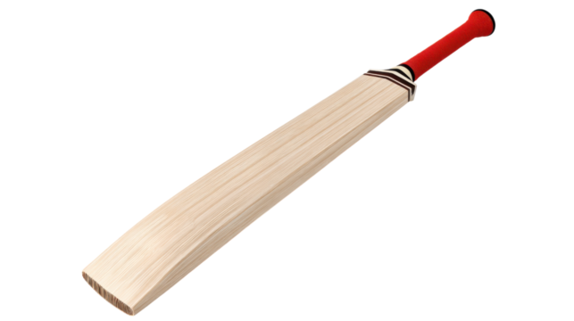 Wooden Cricket Bat with Red Grip on Transparent Background