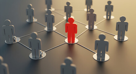 Network of Interconnected Figures with One Red Individual Standing Out on a Plain Background