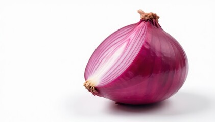Close-up of red onion, showing layers, white backdrop, onion skin, still life, white background