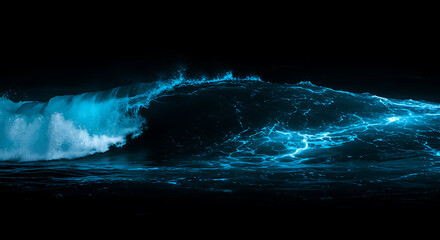 Fototapeta premium Dramatic Night Ocean Wave Crashing Bio Luminescent Blue Water Dark Background