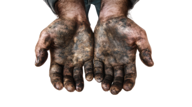 Dirty hands of a worker reaching out on transparent background