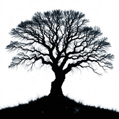 Dark silhouette of a sprawling tree, with tiny, firefly-like bioluminescent spores floating around it, all on a plain png transparent background