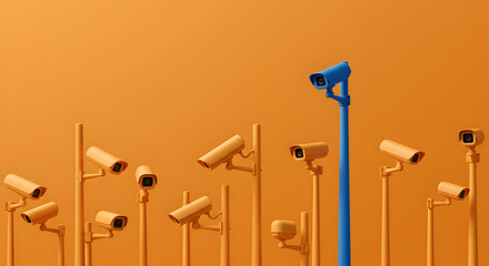 Network Surveillance Cameras with Orange Tones and One Blue Camera on Bright Background